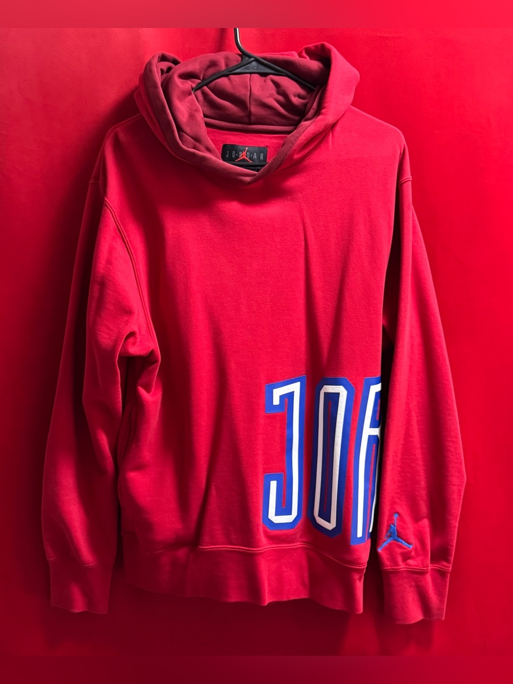 🔥#630- JORDAN Red Hoodie with Blue/White 'JORDAN' Side Graphic Unisex Sz.Small